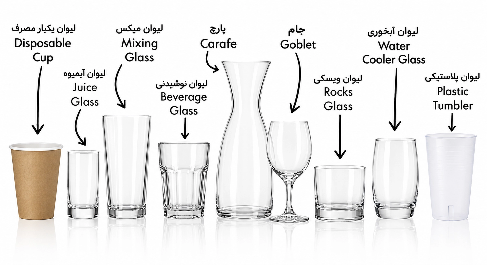انواع لیوان با نام فارسی و انگلیسی: لیوان آبمیوه، کارافه، پایهدار، شات و تامبلر