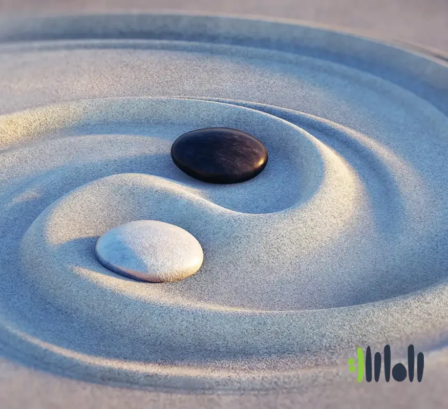 نماد یین و یانگ با دو سنگ روی شن