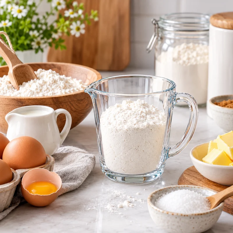 پیمانه شیشهای پر از آرد کنار تخممرغ و کره برای کیک