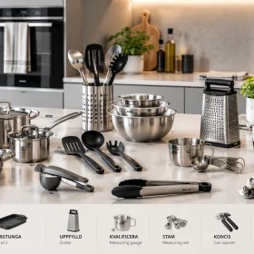 ظروف آشپزخانه برای خانواده کوچک؛ مجموعه قابلمه‌های استیل IKEA 365+ و ابزار آشپزی ایکیا روی کانتر آشپزخانه