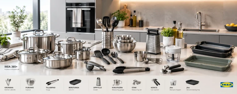 ظروف آشپزخانه برای خانواده کوچک؛ مجموعه قابلمههای استیل IKEA 365+ و ابزار آشپزی ایکیا روی کانتر آشپزخانه